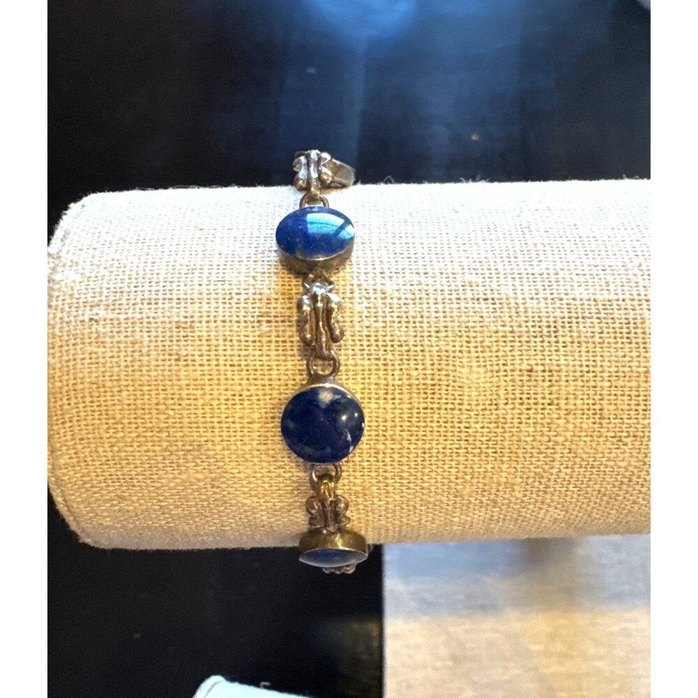 950 Sterling Silver Fine Jewelry Lapis Lazuli Link Bracelet Artisan Chic Glam